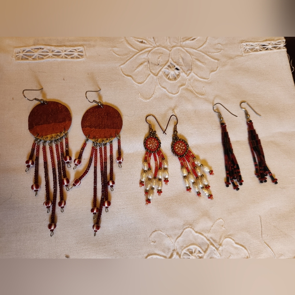Earrings Native American Seed Bead, Southwestern Fringe Red EUC, Bundle of 3